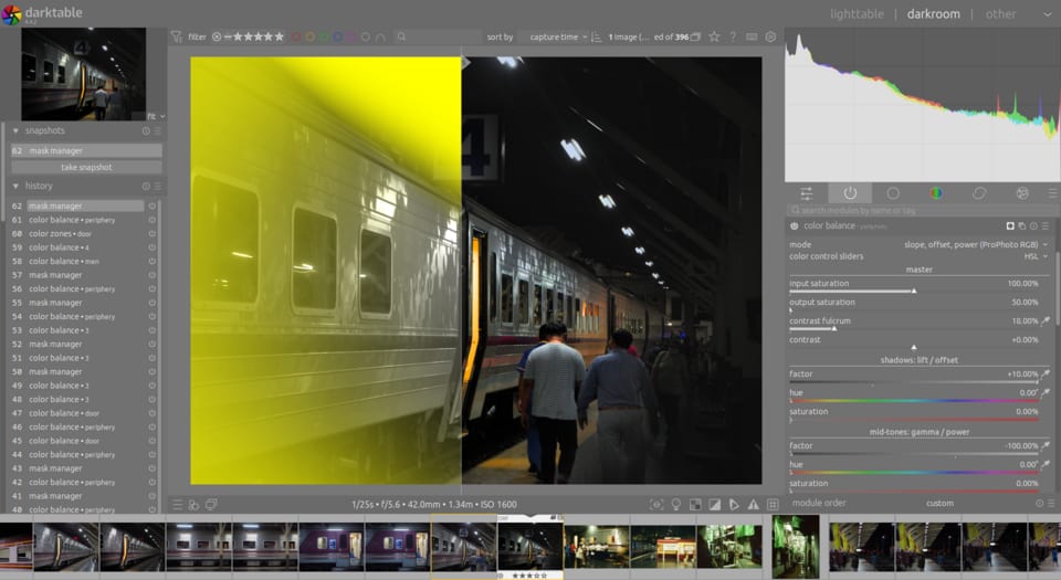 Giao diện chỉnh color balance và mask trong Darktable